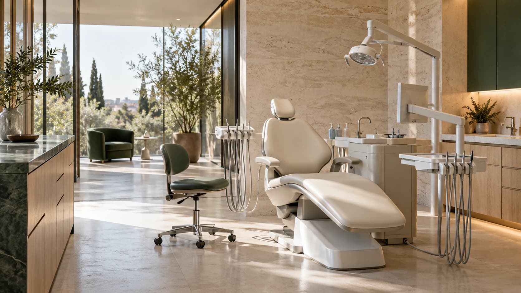 Ambiente odontológico contemporâneo, iluminado por luz natural